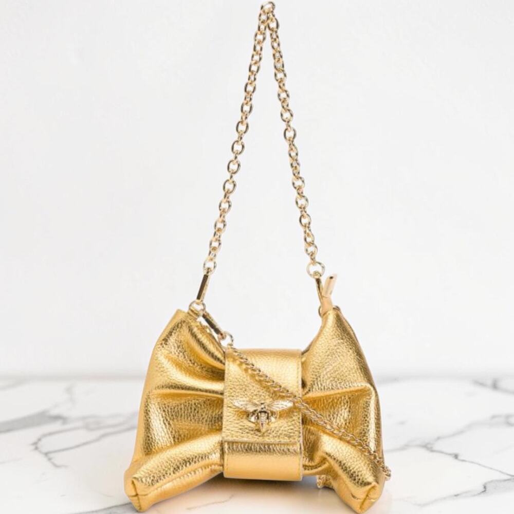 Persaman NY Metallic Gold Leather Bow Clutch Crossbody Bag Bee Accent NWT